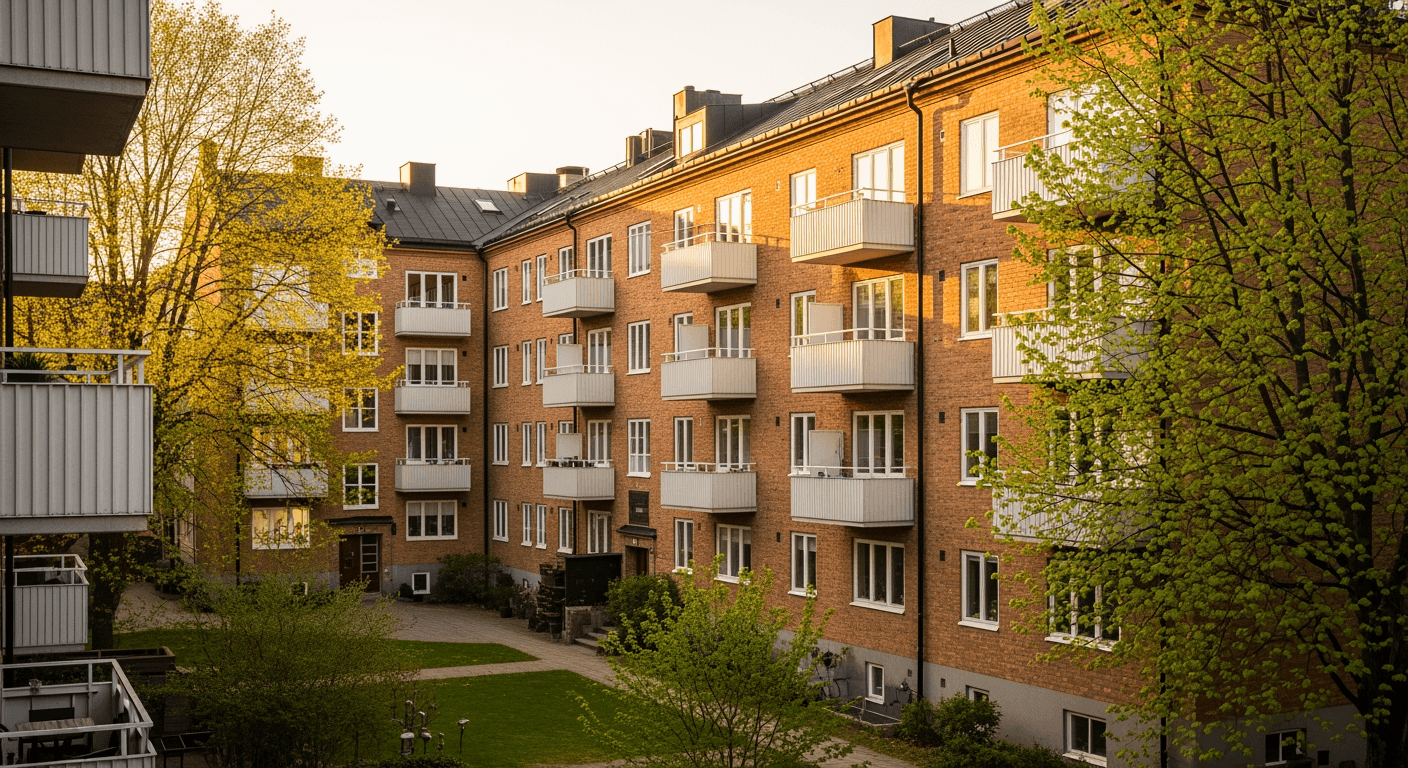 Storgatan 12 — innergård med balkong och grönska